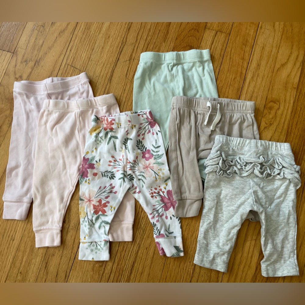 6 Pairs of Leggings, 0-3 Months - Pink/Green/Grey colors